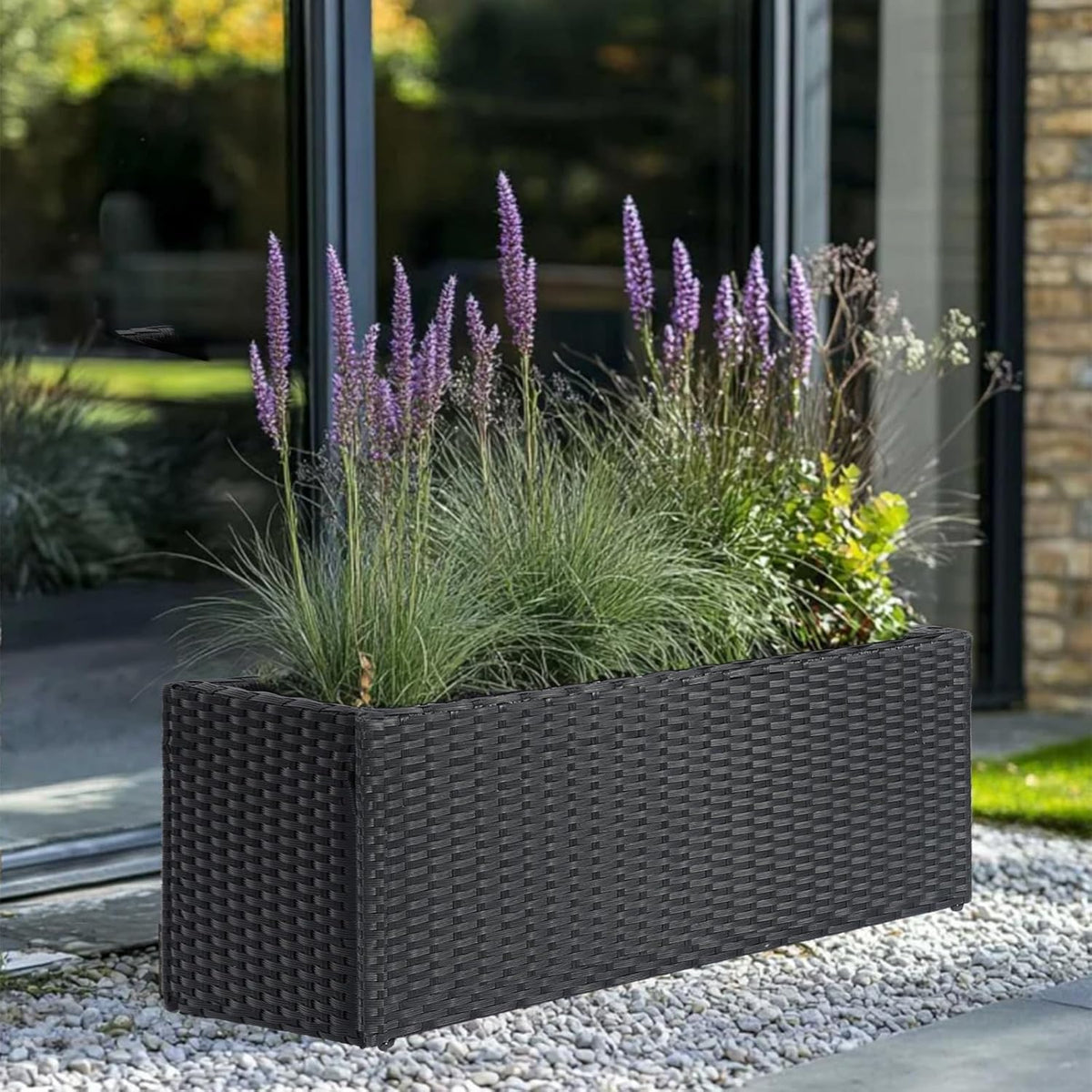 LEWIS&WAYNE Large Rectangular Block Planter Box Handmade Wicker Tall Planters for Outdoor Plants with Removable Liners Modern Planter for Indoor Outdoor Patio Deck - Black, 30''x12''x16''