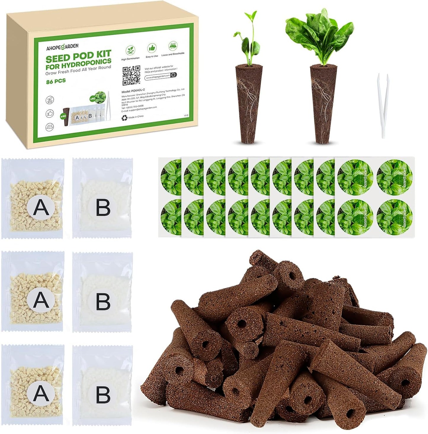 Ahopegarden 86PCS Hydroponic Pods Kit: Compatible with Aerogarden, iDOO, Most Brand Hydroponics Growing System, Indoor herb Garden Supplies Includes Grow Sponges, Labels, A&B Plant Food, Tweezer