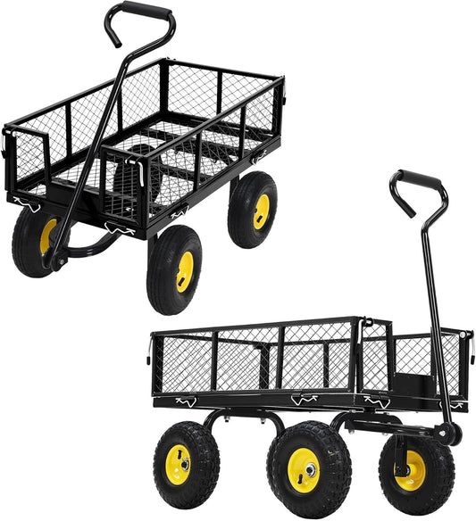 Steel Garden Cart, 550 LBS Heavy Duty Metal Garden Wagon with 10" Wheels, Metal Push Wagon with 180° Rotating Handle and Removable Sides for Farm, Yard