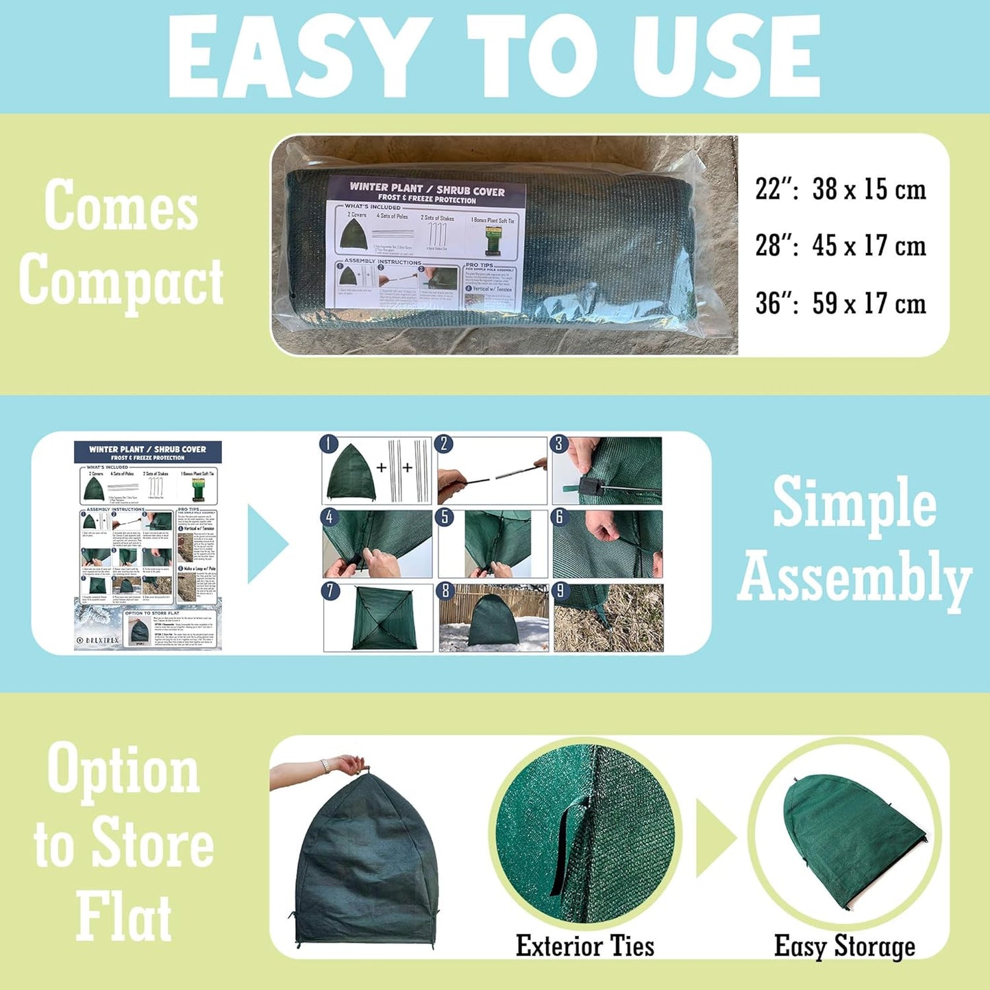Winter Plant Cover Freeze Protection Tents 2 Pack-Protect Shrubs from Snow, Frost, Animals, Freezing Temperatures - Complete with Soft Garden Ties (28" x 28" x 33", 2 Pack, green with stakes)