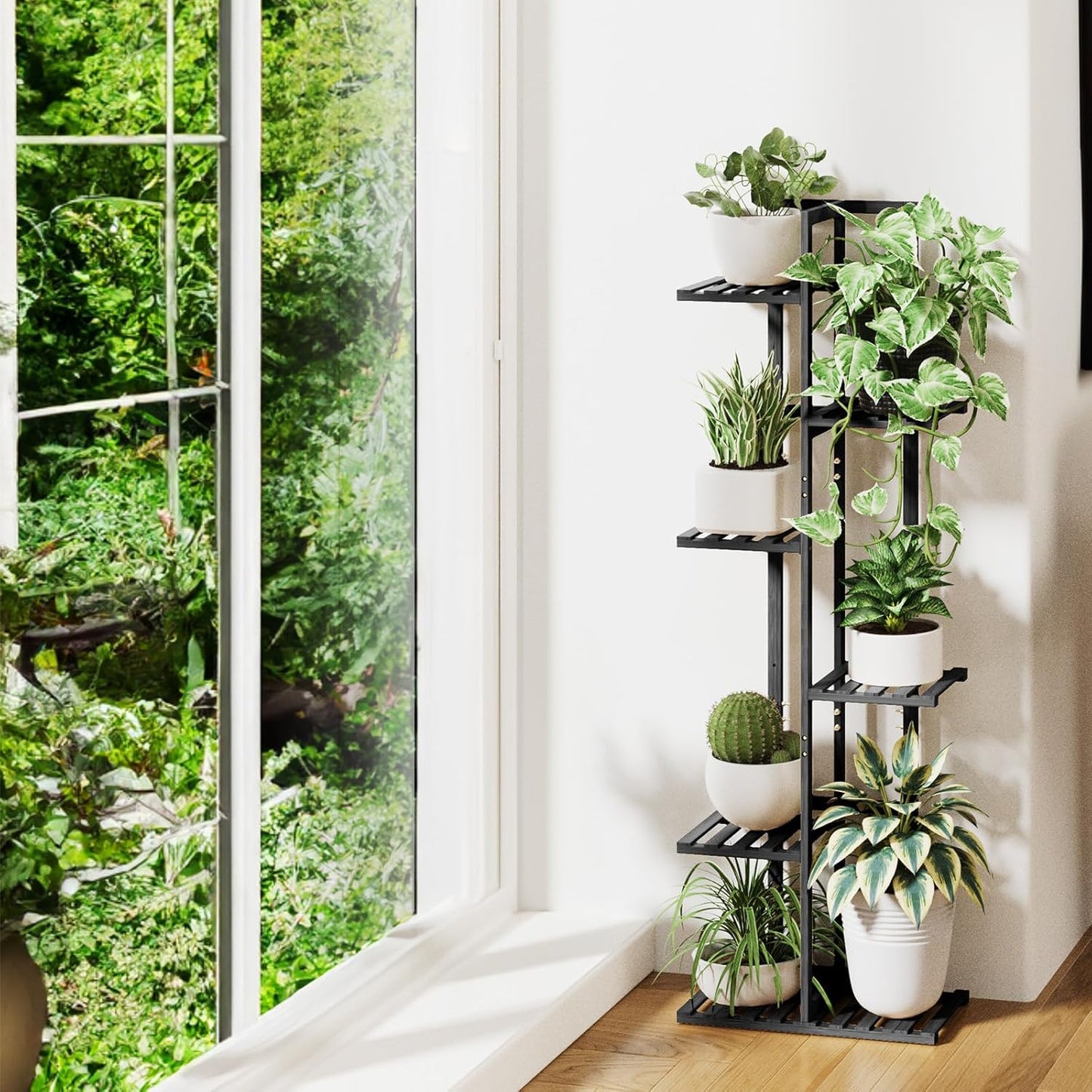 ROSSNY 48 Inch Tall Plant Stand Indoor, 6 Tier 7 Potted Bamboo Plant Stands for Indoor Plants, Corner Plant Stand, Tiered Plant Stands, Plant Shelf For Indoor, Planter Holder for Multiple Plants Indoor, Black