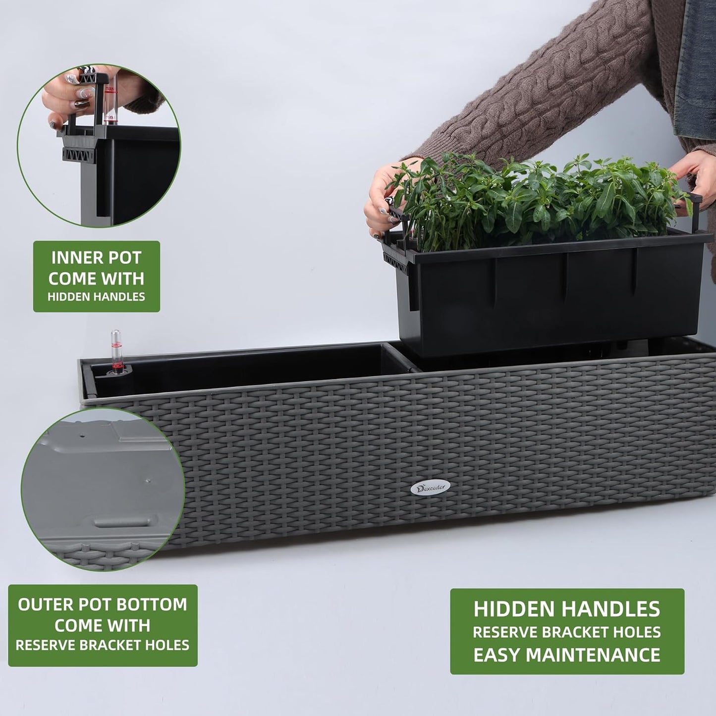 Dexceder 31.5 Inch Rattan Self Watering Planter Indoor Outdoor, Thickened Large Rail Flower Plant Pot Window Box with Water Level Indicators (Deep Gray)