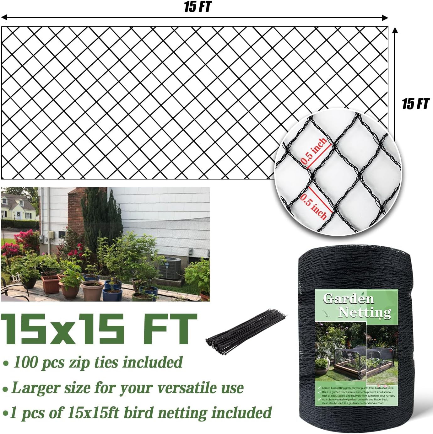 Bird Netting，15 x 15 FT Garden Netting Bird Net for Chicken Coop, Poultry Netting Fence for Fruit Trees, Plants and Vegetables Against Birds, Deer, Squirrels and Other Animals