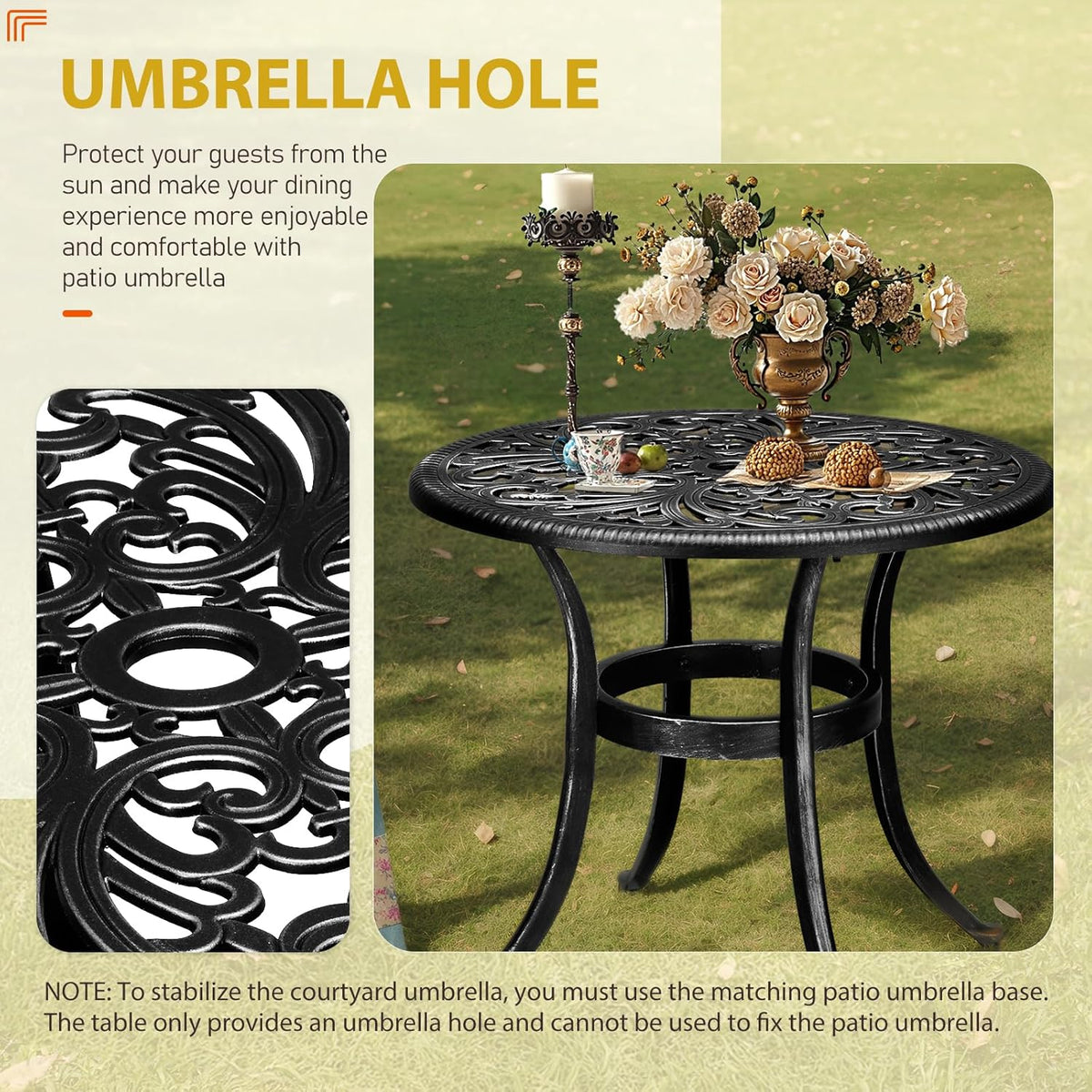 Outvita Patio Side Table, 23.6in Outdoor Round Cast Aluminum Bistro Table with Umbrella Hole and Antique Design for Backyard Porch Pool Balcony Deck Black
