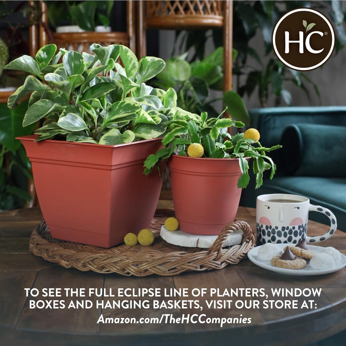 The HC Companies Eclipse Round Planter with Saucer - Outdoor & Indoor Plant Pot with Drainage Holes - Lightweight, UV-Resistant Plastic Pots for Plants, Flowers & Herbs (8" Cottage Stone, Pack of 1)