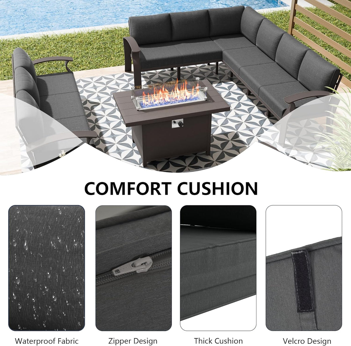 Aluminum Patio Furniture Set with Fire Pit Table, 11 Seats Outdoor Patio Conversation Set Modern Metal Patio Sectional Sofa with 5.1" Upgrade Cushions for Patio, Backyard(Grey).