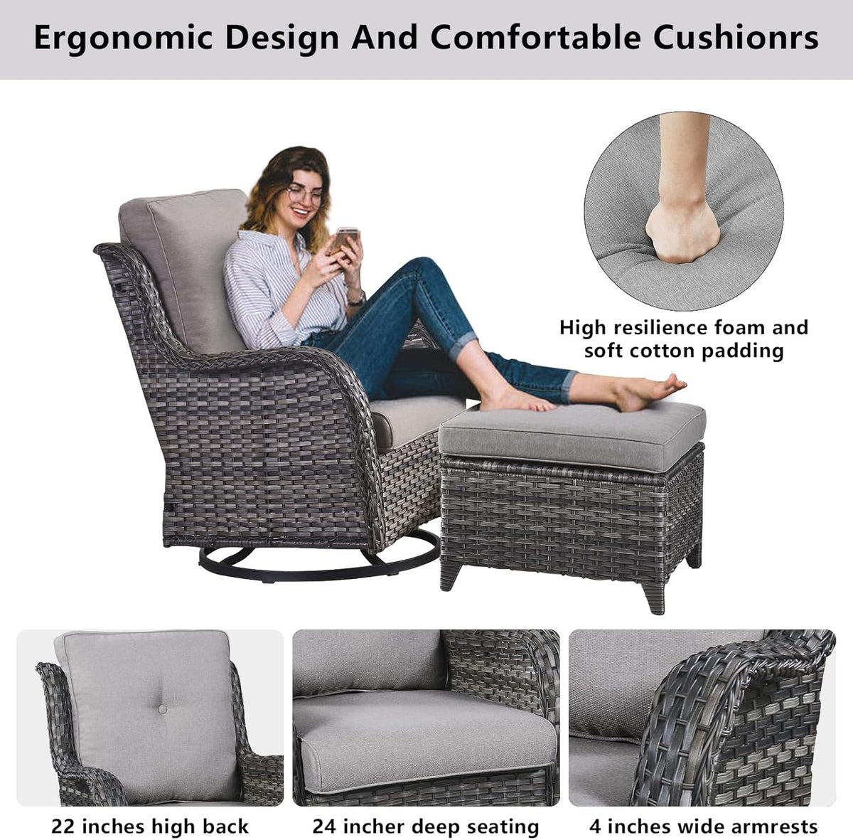 5 Piece Outdoor Patio Furniture Set - Wicker Furniture Patio Conversation Set, Outdoor Swivel Rocker Chairs with Loveseat Sofa and 2 Ottomans for Small Space, Gray Cushion