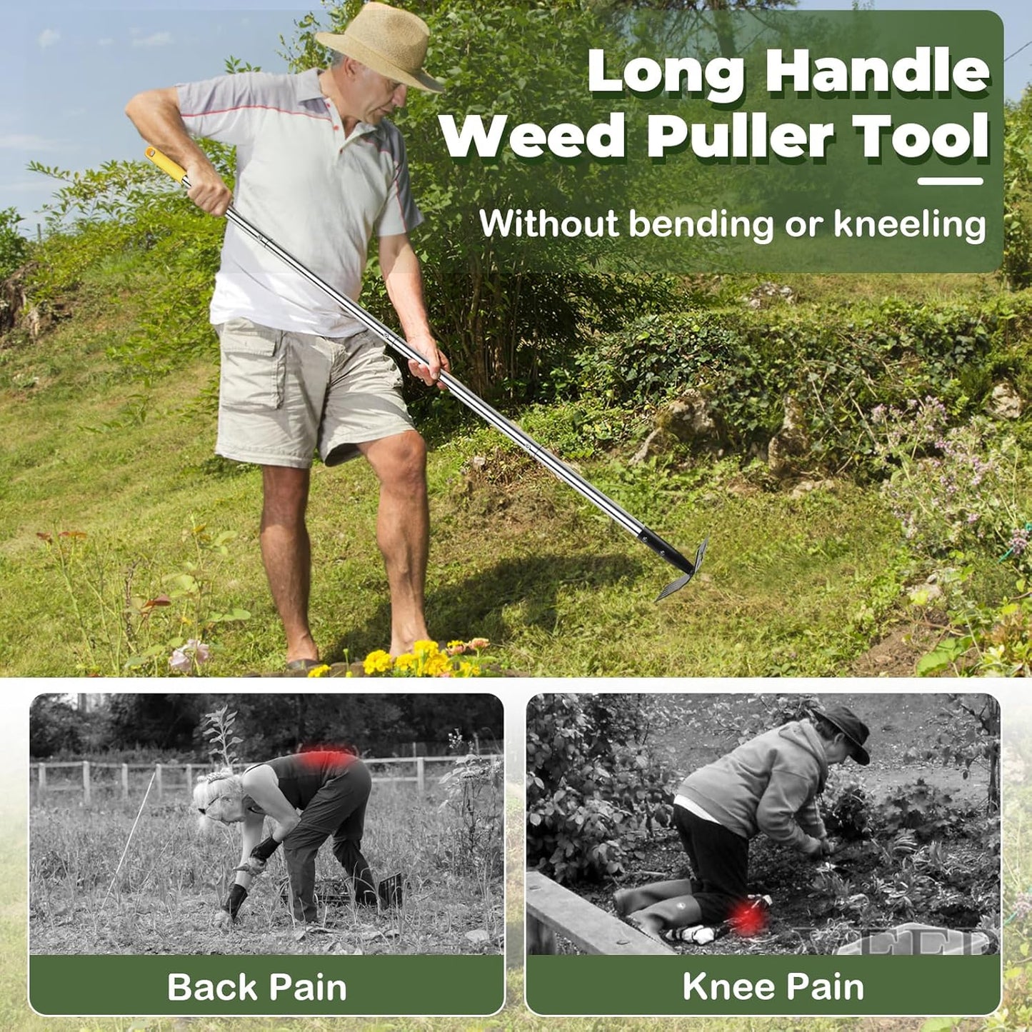 Weed Puller Tool with Long Handle, 60" Manual Weeding Tools Gardening, 2 in 1 Hand Weed Rake and Hoe Garden Weeder Tool, Uprooting Pulling Weed Remover Tool for Yard, Patio, Lawn and Garden