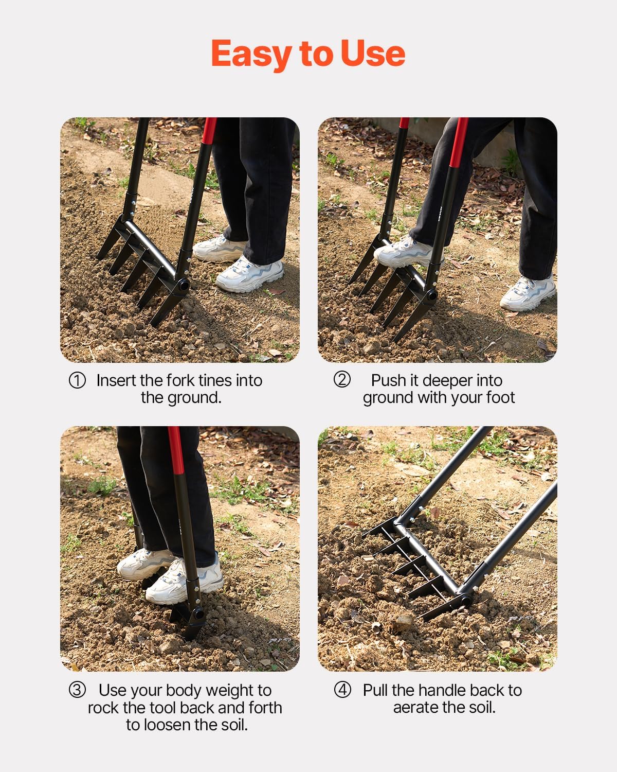 VEVOR Broad Fork, 5-Tine Pitchfork with Dual Fiberglass Handles, Heavy Duty Garden Fork, Ergonomic U-Shaped Design Broadfork Hand Tiller, Gardening Tool for Composting Transplanting Aeration