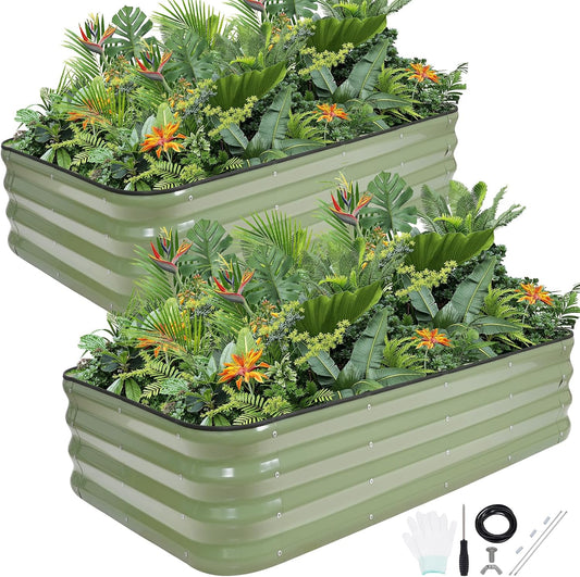 G GOOD GAIN Raised Garden Bed Kit | 2Pcs 4-in-1 Adjustable Galvanized Metal Planter Boxes for Outdoor Vegetables, Flowers Herb | Multiple Sizes (5x3x1ft, 4x4x1ft, 6x2x1ft, 7x1x1ft), Green
