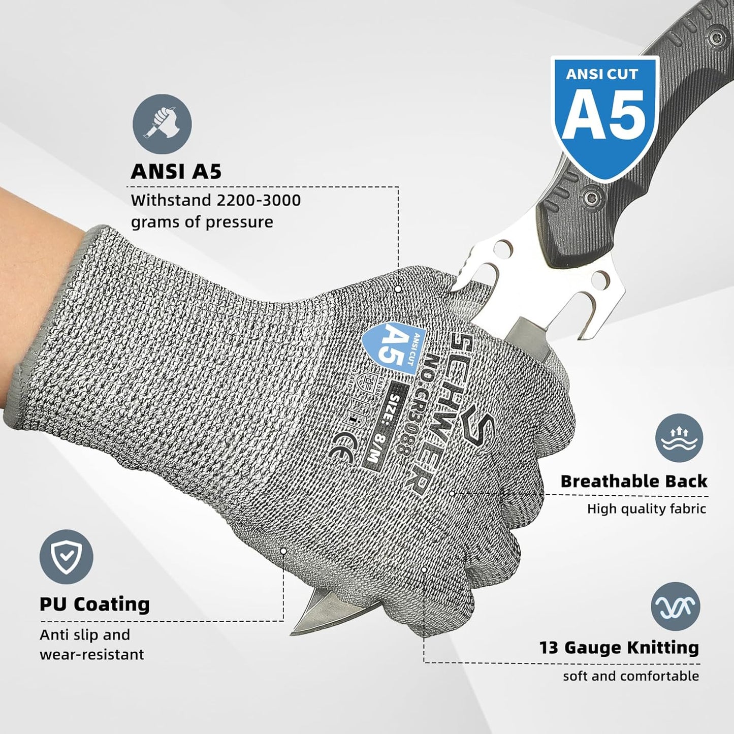 Schwer 12 Pairs ANSI A5 Cut Resistant Work Gloves, Cut Proof Gloves with PU Coating, Used for Metal Fabrication, WoodWorking, Construction, Non Slip, Durable, XL, CR3088