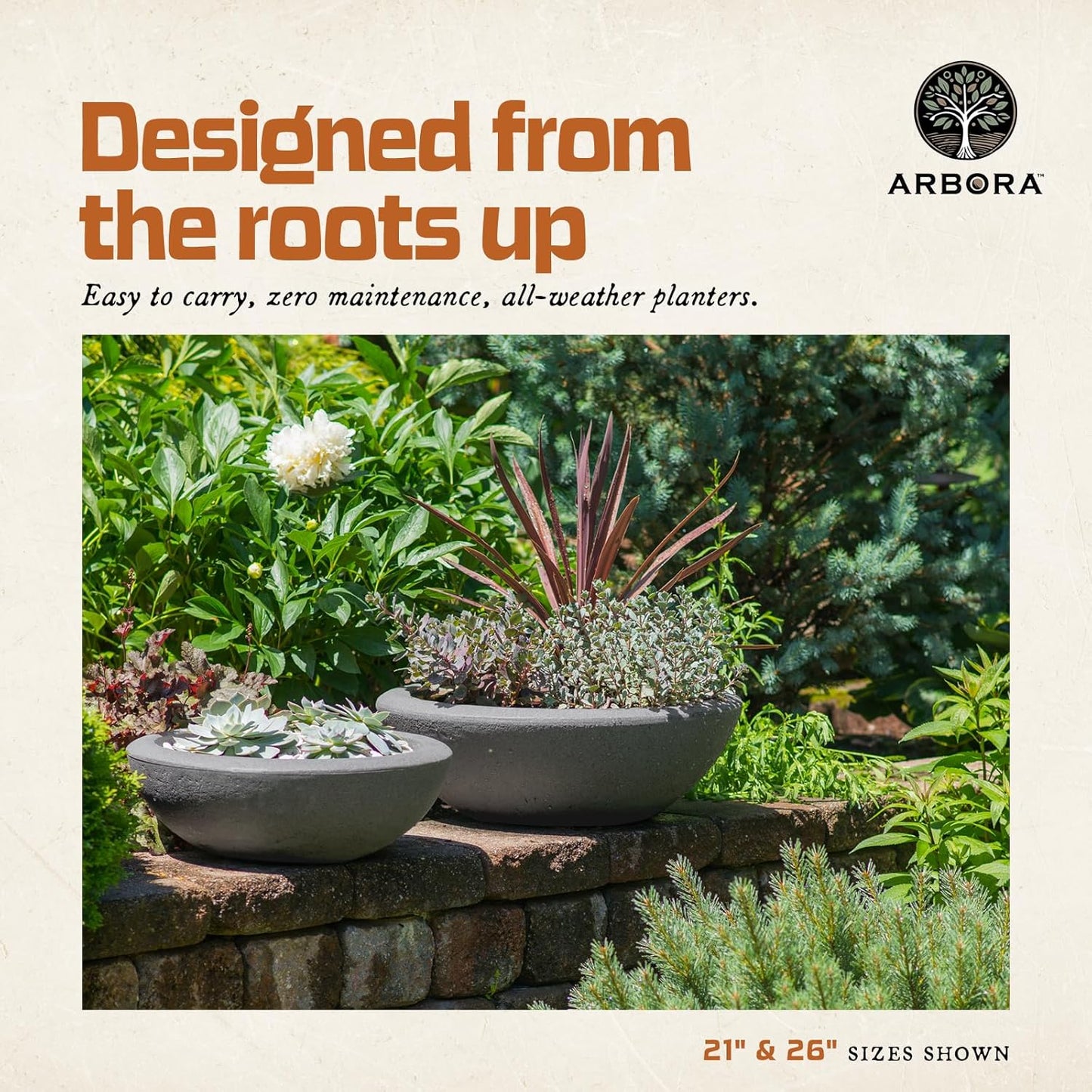 ARBORA 21" Santorini Bowl 2-Pack with Stone Blend Concrete Gray Finish - Polyresin Indoor and Outdoor Planters, Durable, Weatherproof, Lightweight, Large Plant Pots for Patio, Garden, Deck, Entryway