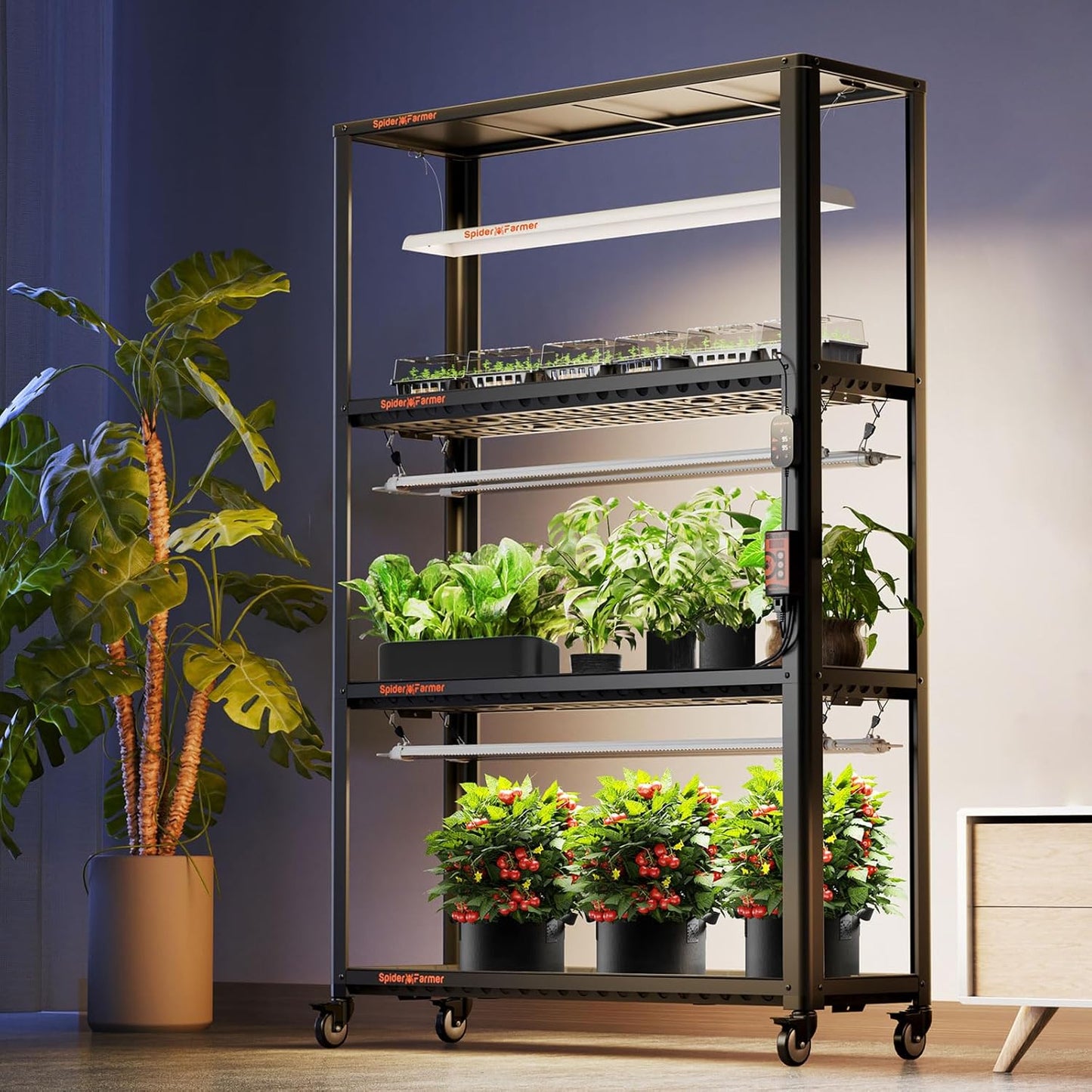 Spider Farmer Plant Stand 3 Tier Heavy-Duty Metal SF600 Plant Shelf With Waterproof Trays and Lockable Wheels For Flower Pot Display Easy Assembly Rack Black Indoor Outdoor 46Lx15Dx70H