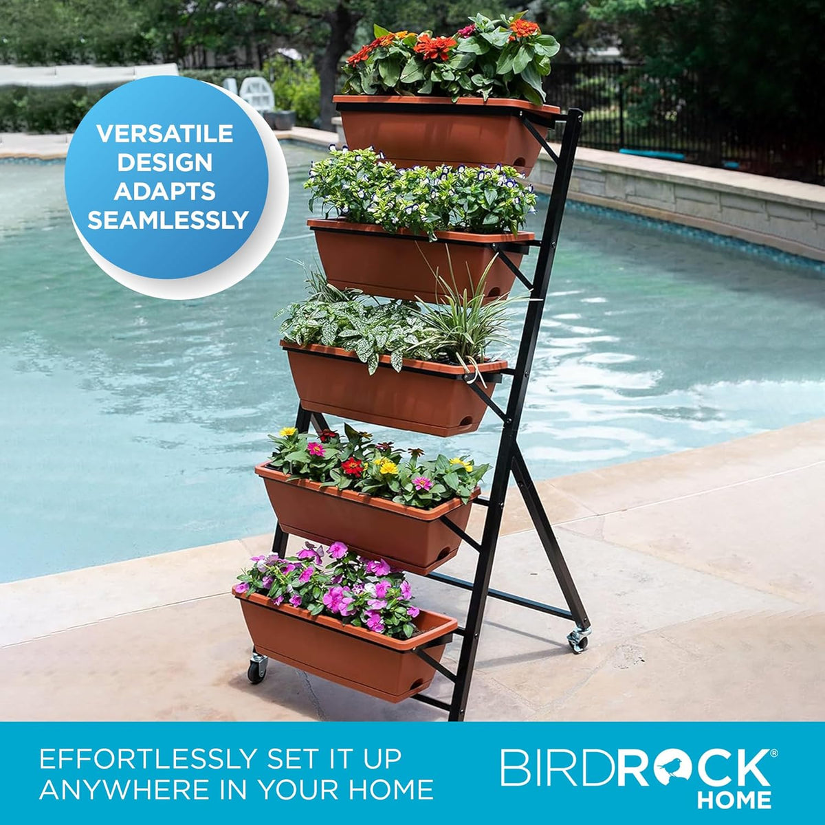 BIRDROCK HOME 5-Tier Vertical Garden Planter Bed - Raised Flower Stand - Rolling Plant Tower - Weather Resistant Box - Indoor or Outdoor - Herbs Flowers Berry’s Vegetables - Metal