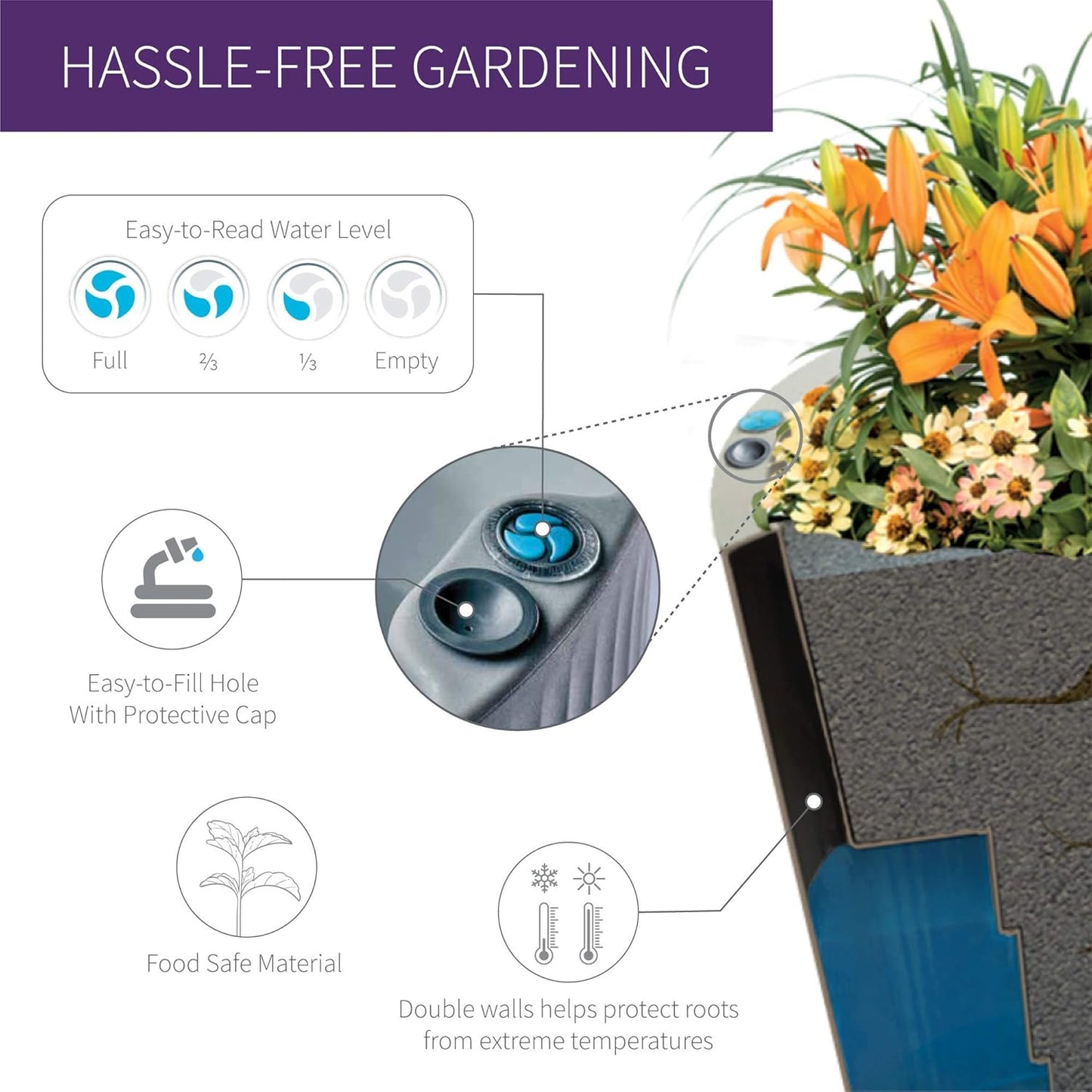 Crescent Garden Dot TruDrop Indoor/Outdoor Planter, Self-Watering Plant Pot, 26 Inches, (Ash)