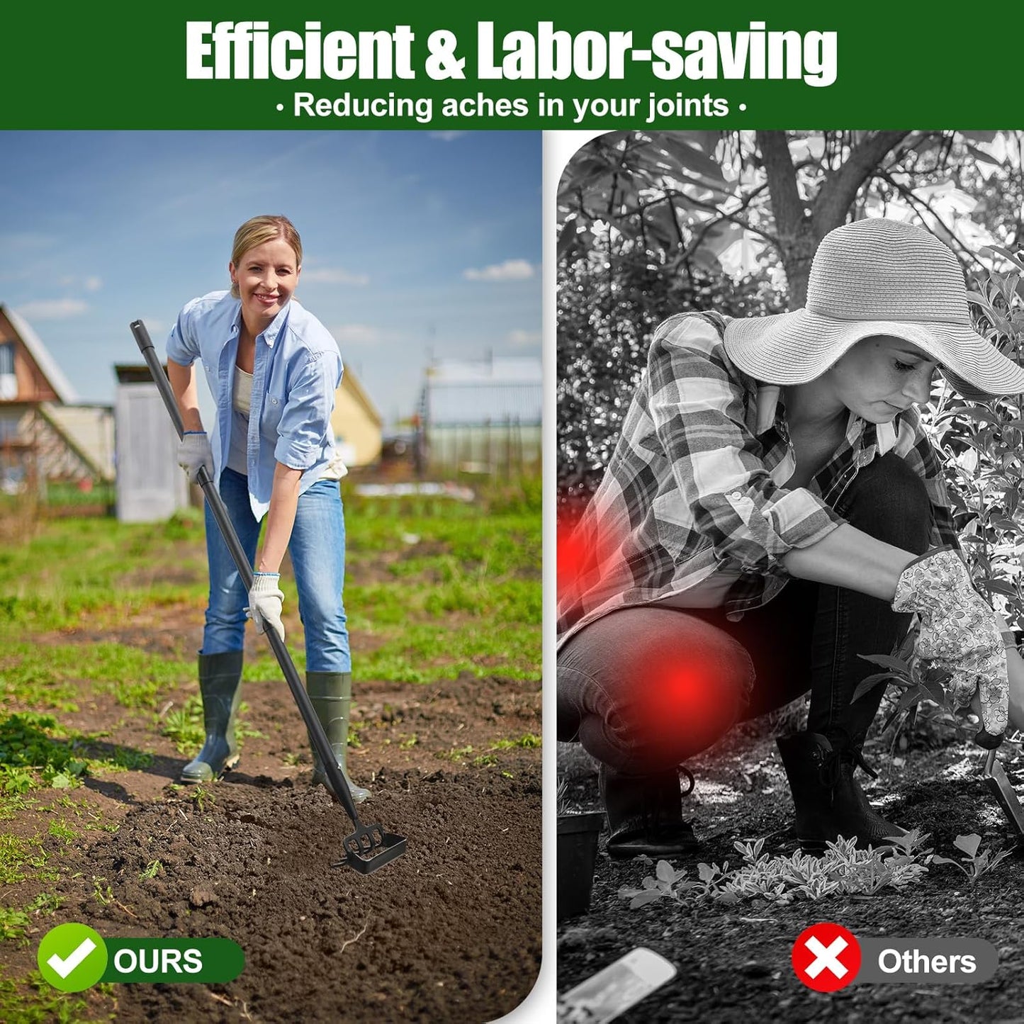 2-in-1 Garden Hoe Tool, Adjustable Length from 37 to 60inch, Ergonomic Design for Weeding and Raking, Durable and Rust-Proof Blade, Save Time and Effort