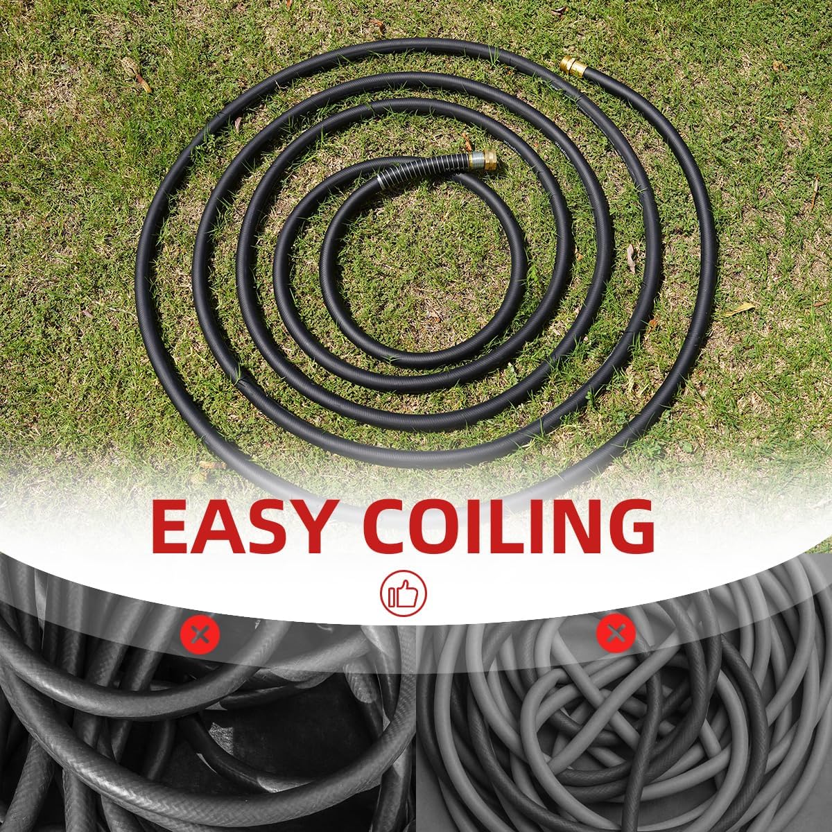 WiseFlow Garden Hose 100FT x 3/4", Heavy Duty Rubber Hose, 1000PSI Burst, 300PSI Working, Water Hose with Five Layered Braiding, Male Female Fittings (Black)