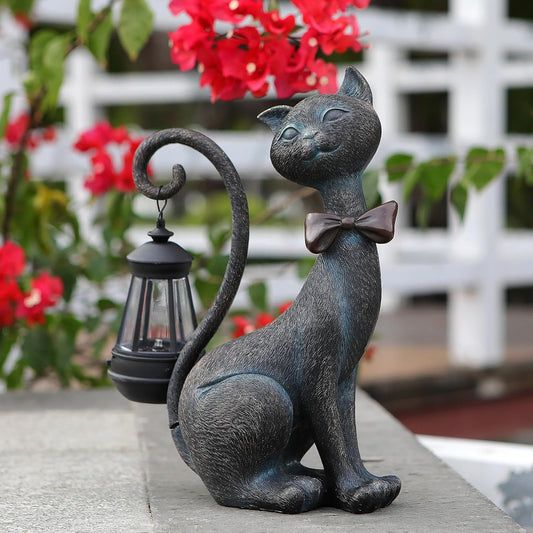Whimsical Outdoor Cat Statues with Solar Garden Lantern:Cat Garden Statues for Outside Fall Decor Clearance,Outdoor Figurine for Yard Art Lawn Ornaments Patio Balcony Home House - Birthday Gifts