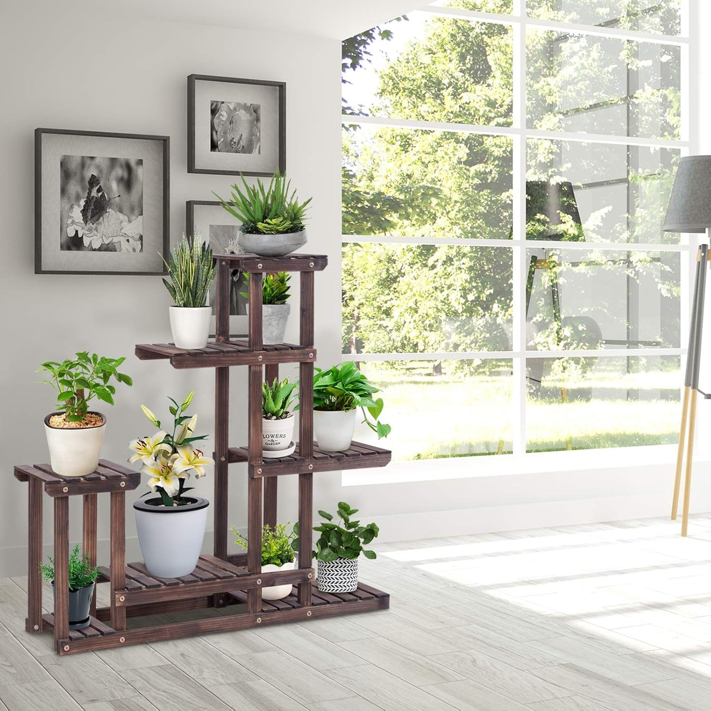 Giantex 6 Tier Wooden Plant Stand, 10 Pots Flower Display Rack, Vertical Shelves Plant Pot Holder, Multiple Tier Plant Succulent Bonsai Organizer Storage for Home Patio Balcony Garden