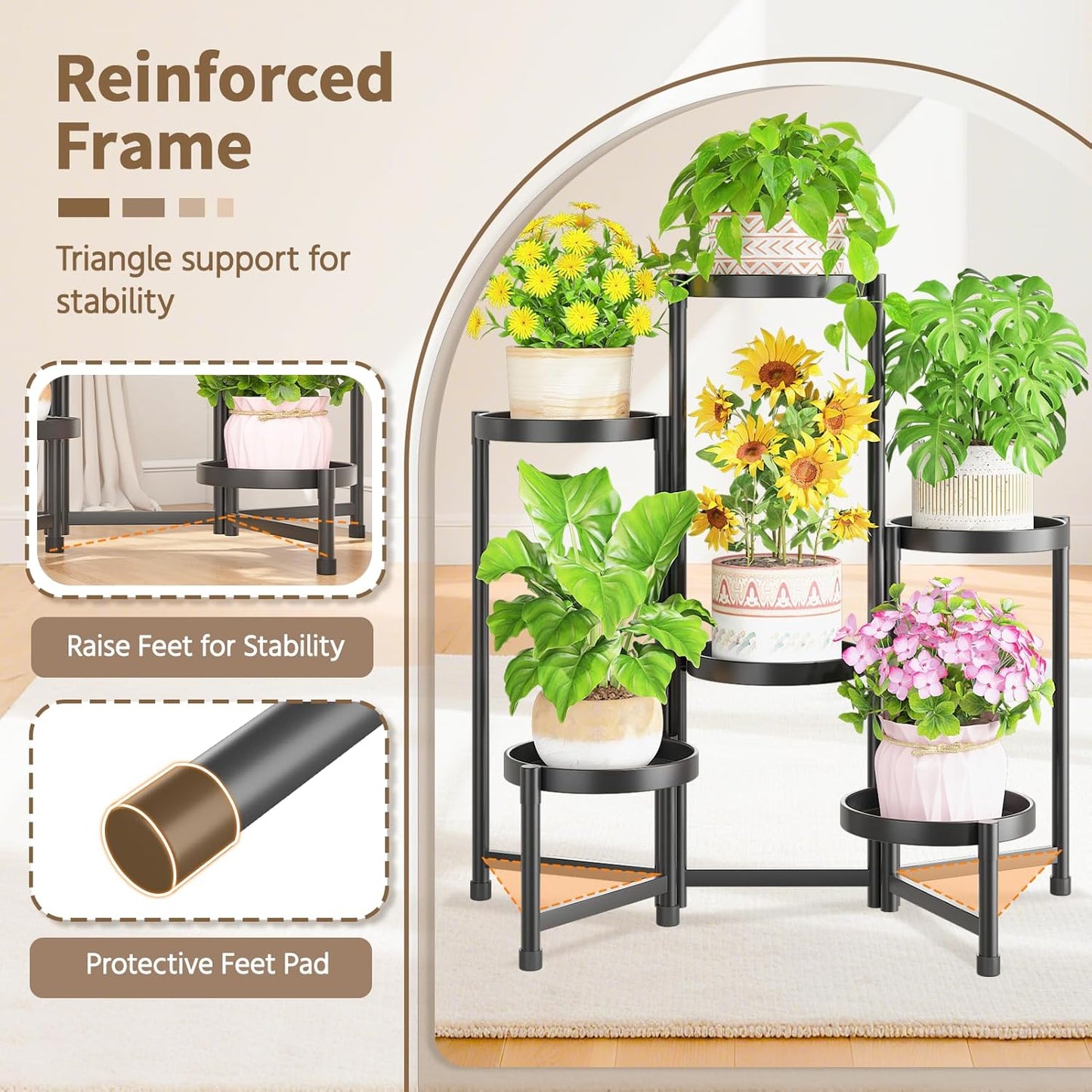 LASZOLA 6 Tiered Folding Plant Stand Indoor for Multiple Large Planter, Tall Heavy Duty Adjustable Rack with Rust Proof 10 Inch Wide Tray, Sturdy Vertical Tree Organizer for Narrow Inside Floor, Black