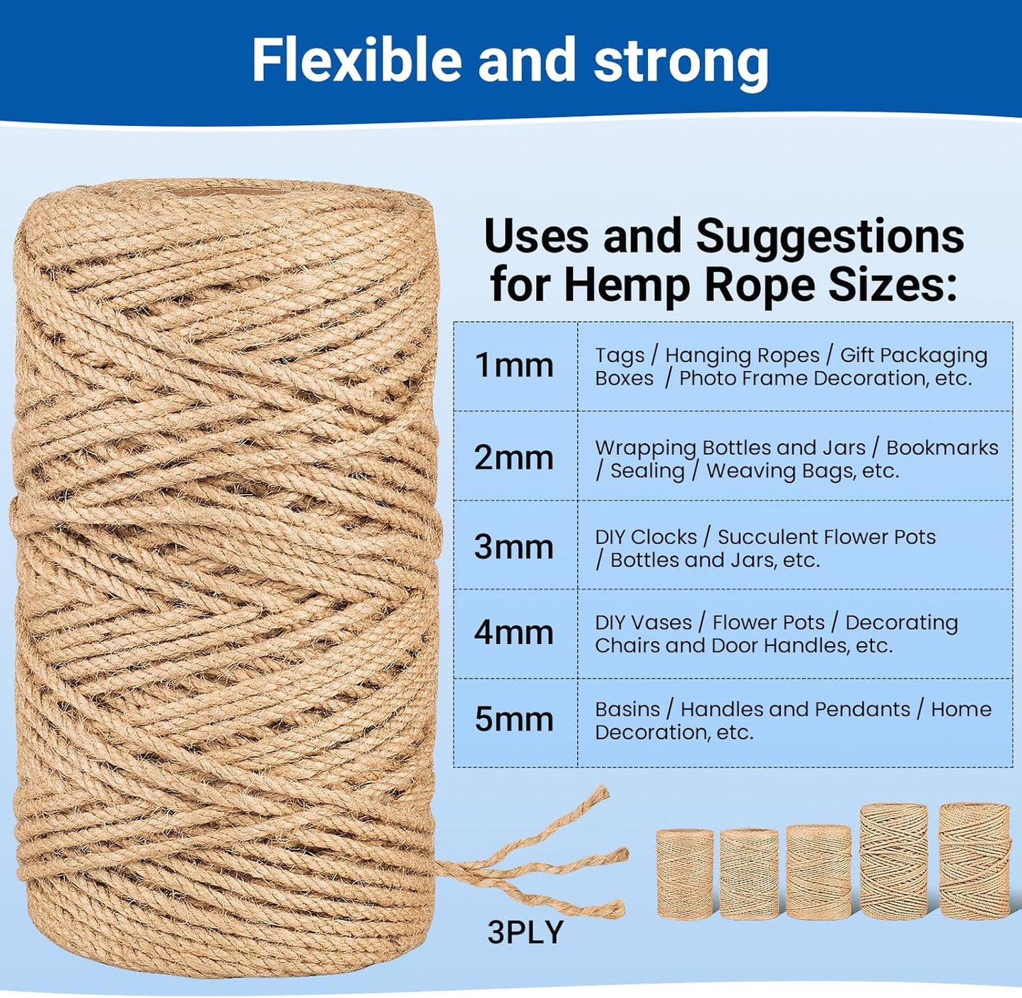 Natural Jute Twine String,Bulk Jute Rope Cord Twine for Crafting Gardening,Roll of Thick and Thin Twine for Gift Wrapping,Brown Decorative Rope,Ornament Twine for Cat Scratch Post (5mm x 328ft)