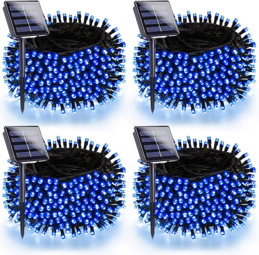 4 Pack 180FT Solar Christmas Lights Outdoor Waterproof, Super Bright 320 LED Solar String Lights with 8 Lighting Modes, Green Wire Twinkle Tree Light for Outside Xmas Party Decorations (Blue)