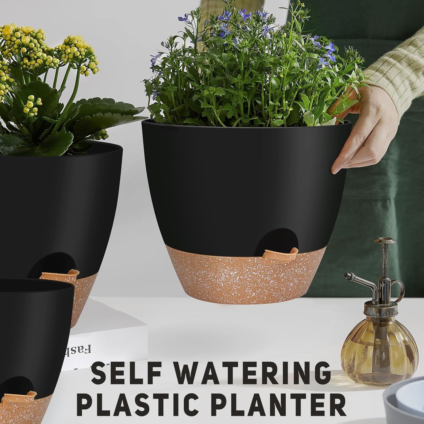 12" 10" 9" Large Self Watering Plant Pots, 3 Pack Flower Pots Planters with Multi Mesh Drainage Holes for Indoor Outdoor Garden Plants and Flowers (Black)