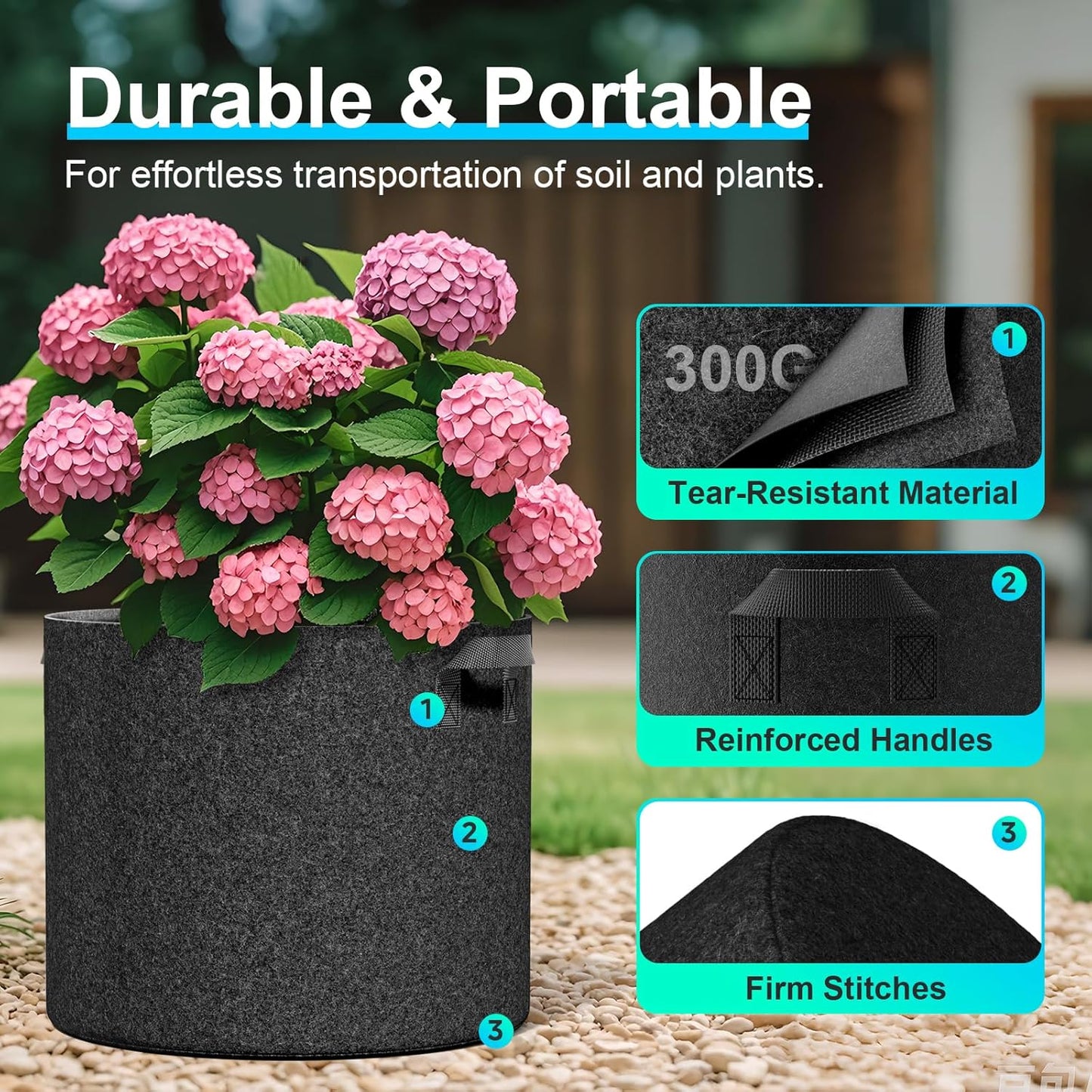 Land Guard 4-Pack Fabric Grow Bags 15 Gallon, Thickened Nonwoven Garden Pots, Growing Bags with Handles, Black