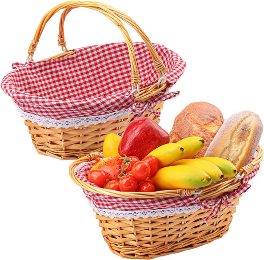 2 Pack 12.6 Inch Natural Wicker Basket with Checkered Lining, Oval Wicker Woven Basket with Handle, Willow Woven Picnic Baskets for Picnic, Camping, Party(Small)