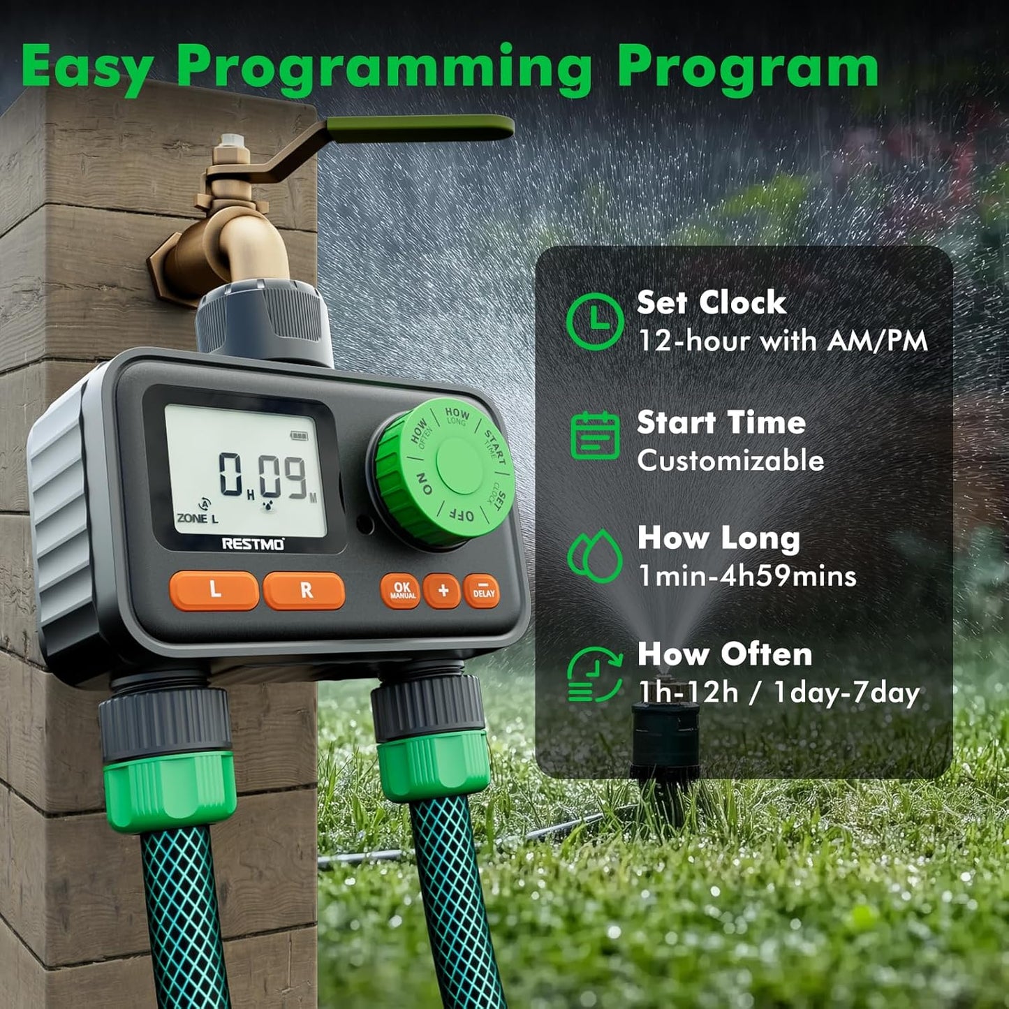 [2 Pack] RESTMO 2 Zone Sprinkler Timer, Programmable Water Timer for Garden Hose, Automatic Digital Control | Manual ON/Off | Rain Delay for Outdoor Faucet, Drip Irrigation and Lawn Watering System