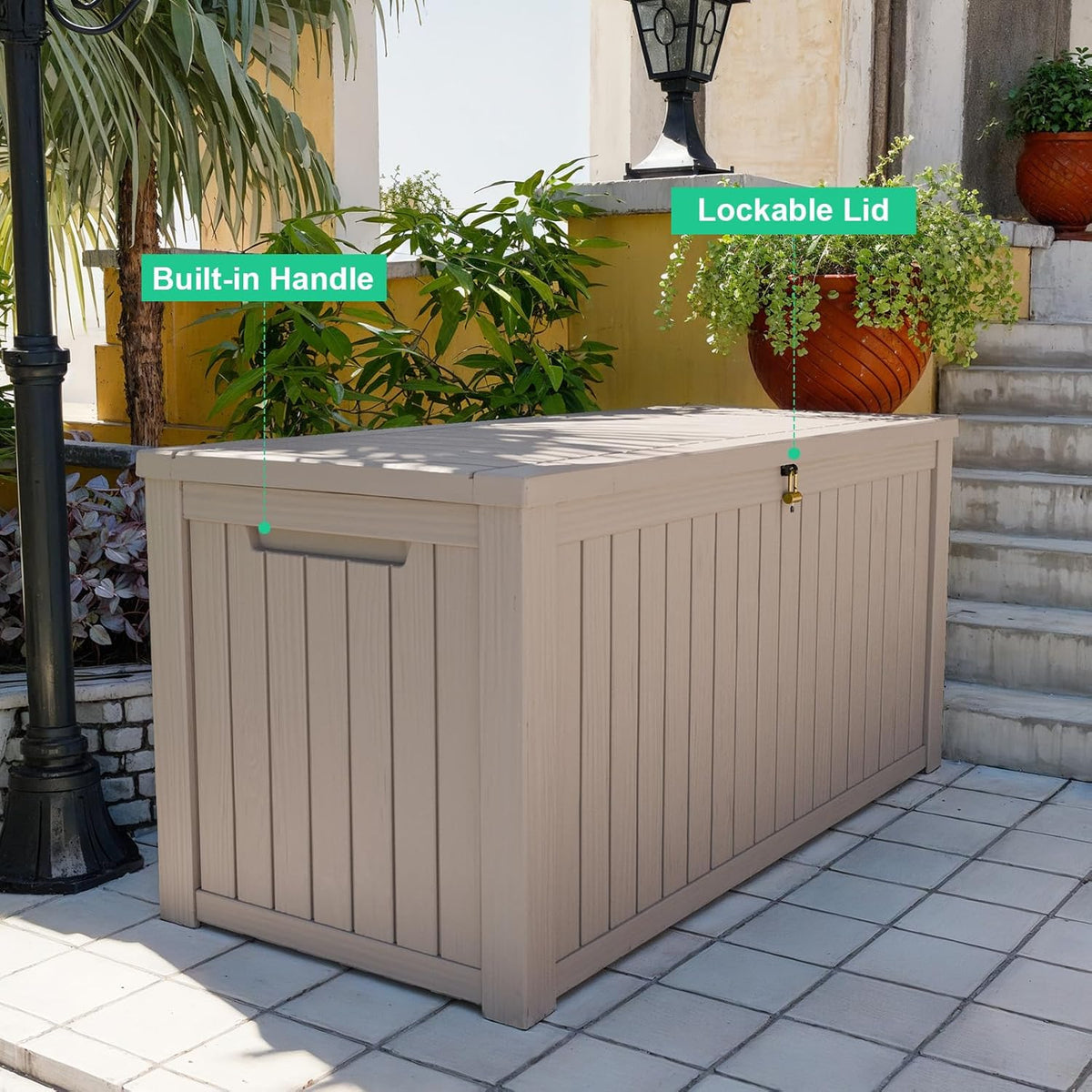 180 Gallon Resin Deck Box, Lockable Patio Outdoor Storage Box for Furniture, Garden Tools and Tools Storage, Waterproof Outside Storage Boxes - Grey