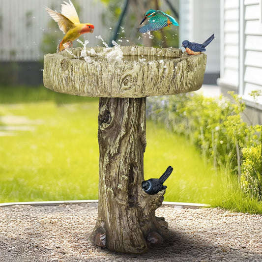 SunJet 24.4 Inch Heigh Wood-Look Concrete Bird Bath with Decorative Faux Bird – birdbath Rustic & Long-Lasting Design, Enhances Garden, Patio, Yard, Lawn Décor