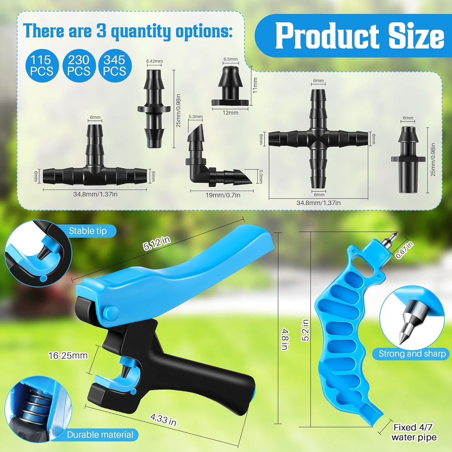 Feekoon Drip Irrigation Punch Hole Tubing Cutter Tools with Barbed Connectors, 2-in-One Drip Tubing Hole Punch for 1/4 Inch Fitting 16 20 25 mm PE Pipe and Emitter(345 Irrigation Plugs)