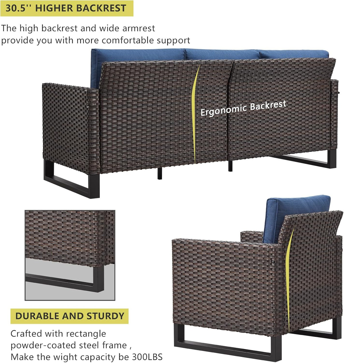 HUMMUH 7 Piece Patio Furniture Set Outdoor Sectional Sofa,High Back Patio Swivel Rocker Chairs with Ottomans Coffee Table for Porch,Garden,Backyard(Brown/Blue)
