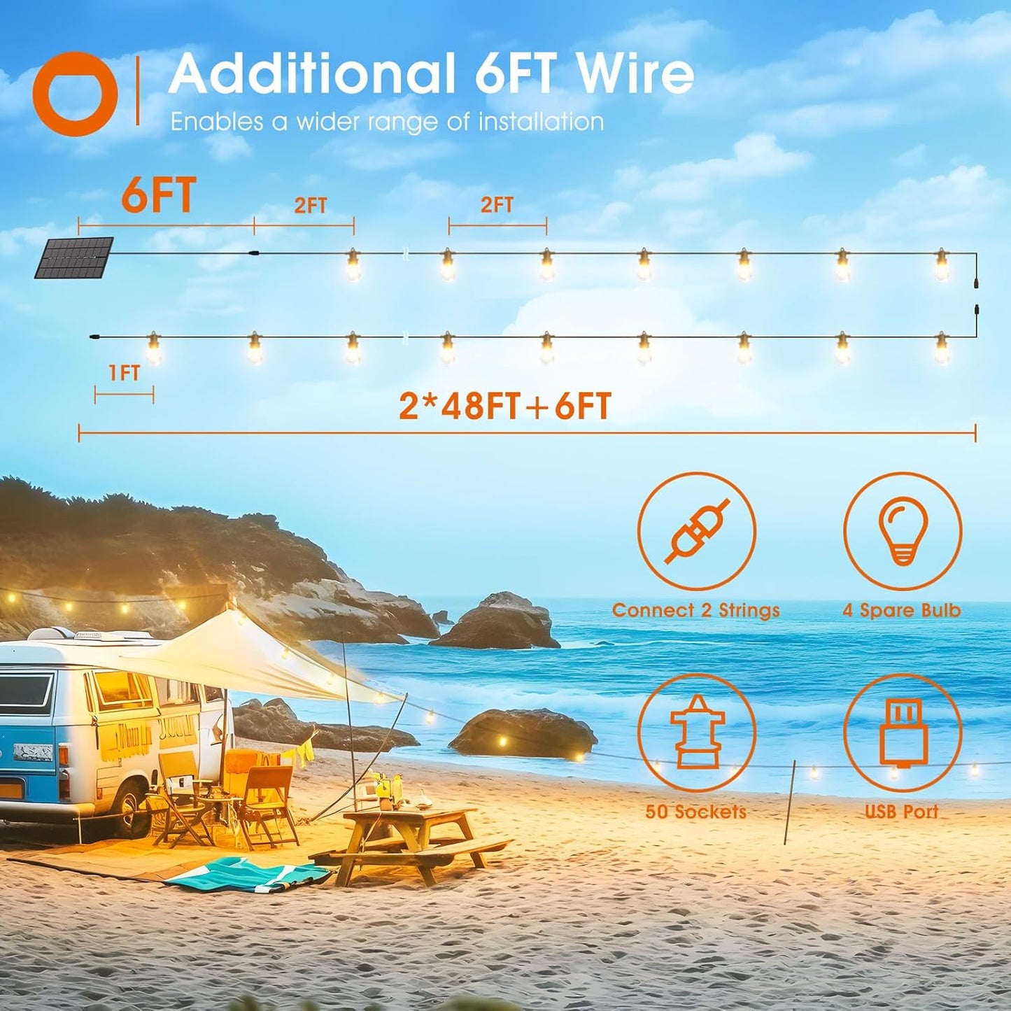 addlon 102FT(96+6) Solar String Lights Outdoor Waterproof with 6W Panel USB Charing & Remote Control Patio Lights Long Last for 20+Hrs Dimmable Solar Power LED Bulbs for Porch Garden Market Bistro
