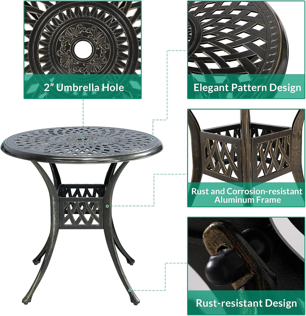 VIVIJASON 3-Piece Patio Bistro Set, All-Weather Cast Aluminum Outdoor Furniture Dining Set, Include 2 Chairs and 31" Round Table w/Umbrella Hole for Balcony, Lawn, Garden, Backyard, Antique Bronze
