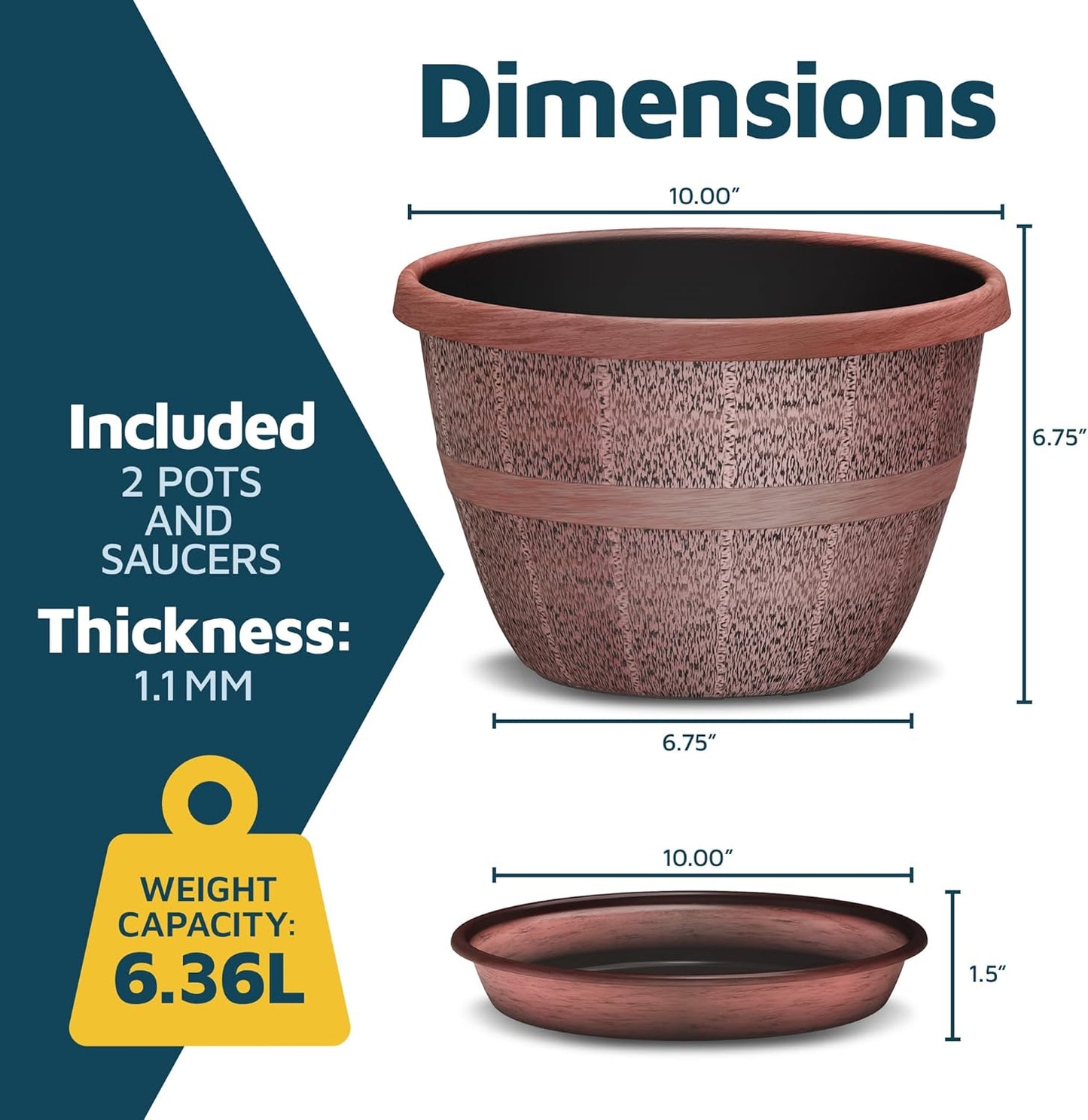 10-Inch Whiskey Barrel Planters Outdoor Pack of 2 - Durable Plastic Plant Pots for Indoor & Outdoor Use with Drainage & Saucer, Lightweight Rustic Barrel Planters for Flowers, Herbs & Small Plants