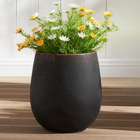 15.5" H Outdoor Concrete Planter, Round Flower Pot with Drainage Hole and Silicone Plug, Plant Container for Garden, Patio, Home, Office, Black, Copper Rim, 1 Pack