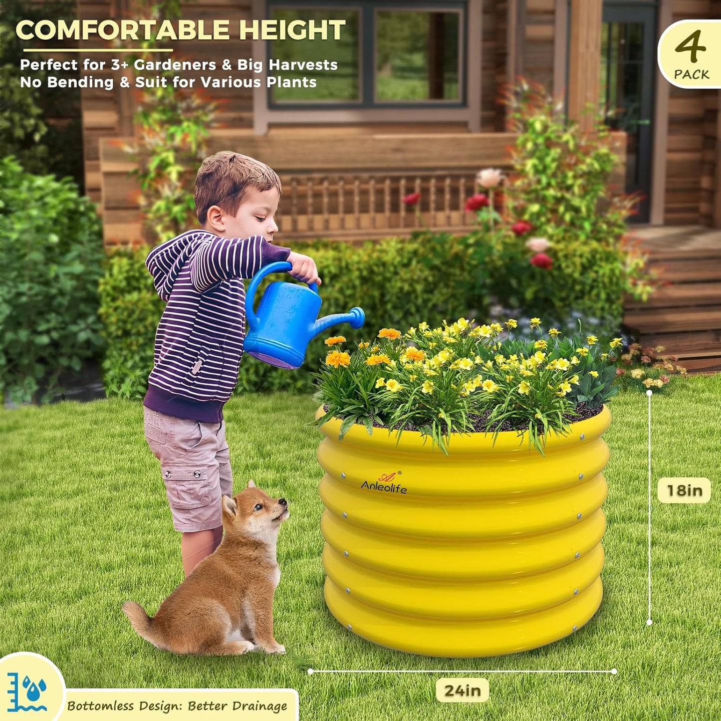 A ANLEOLIFE Kids Raised Garden Beds Outdoor (4-Pack)-24x24x18in Round Galvanized Metal Planter Box for Planting Vegetables, Flowers, Fruits, Eco-Safe & Easy Setup, Sunlit Gold