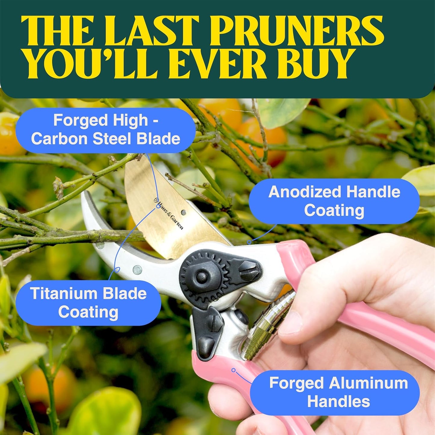 Haus & Garten ClassicPRO 8.5" Premium Titanium Bypass Garden Shears - Use as Pruners, Pruning Shears for Gardening, Hand Pruners, Handheld Garden Clippers, Scissors for Women