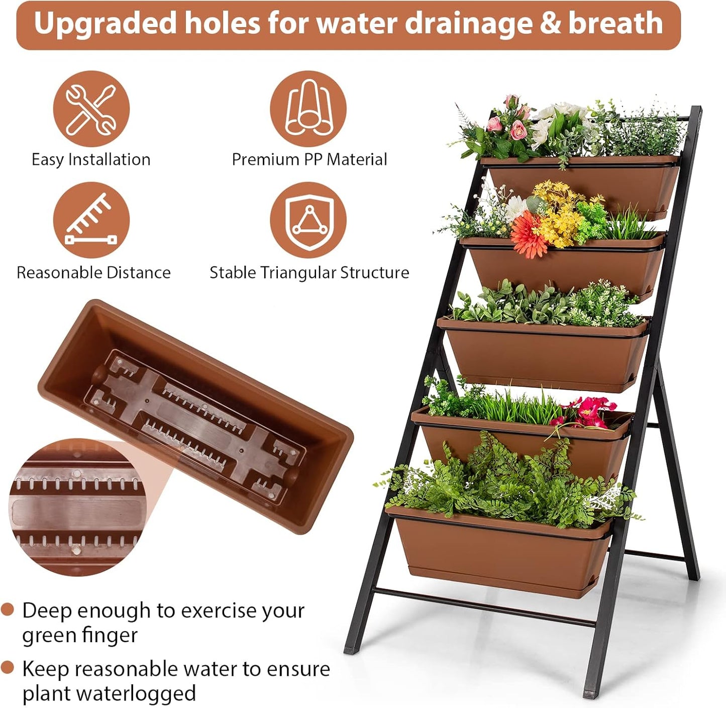 Giantex Vertical Planter Raised Bed, Elevated Garden Beds with Water Drainage Hole, Freestanding 5 Container Boxes for Herb Vegetables Flowers Growing, Outdoor Indoor Patio Balcony (Brown, 1)