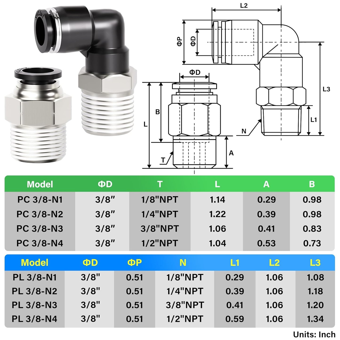TAILONZ PNEUMATIC Elbow and Straight Combination 3/8 Inch Tube OD x 3/8 Inch NPT Thread Push to Connect Fittings PC-3/8-N3+PL-3/8-N3(Pack of 12)