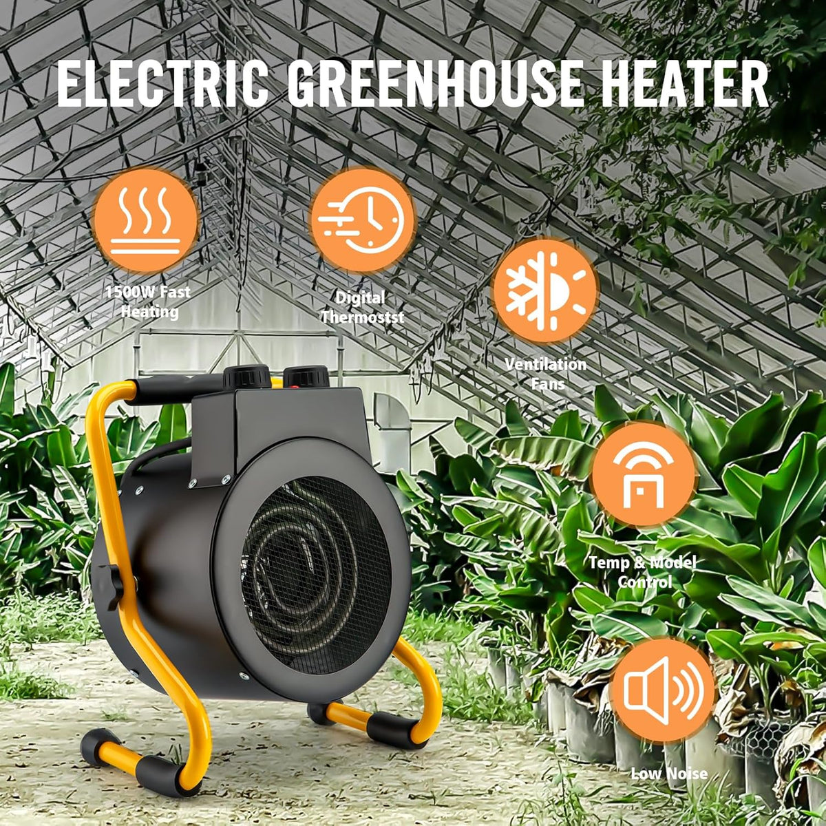 Greenhouse Heater with Digital Thermostat, Green House Heater for Plants,1500W Electric Grow Tent Heaters, Overheat Protection, Fast Heating for Green House, Flower Room, Black