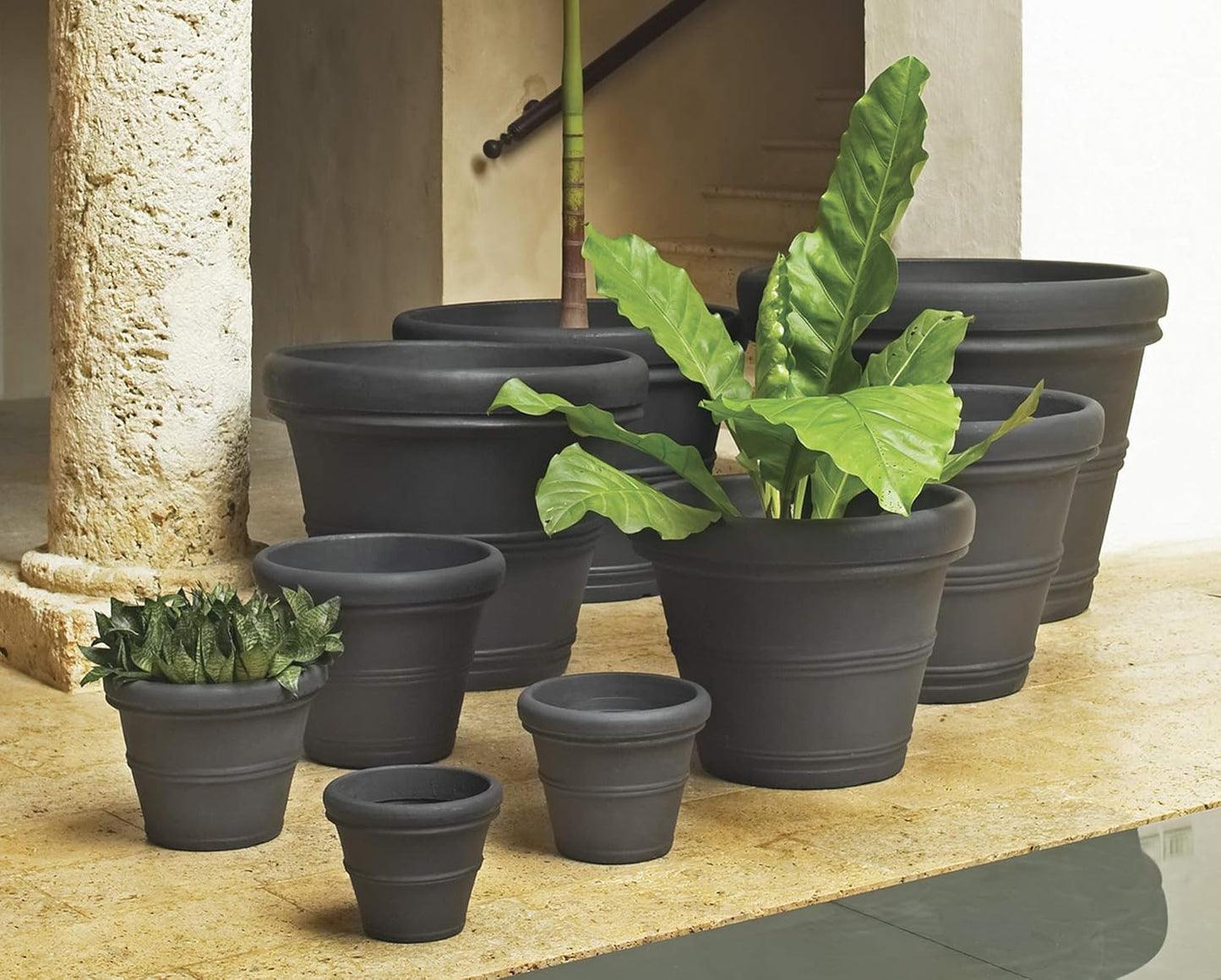 Crescent Garden Brunello Classic Rolled Rim Planter Pot, Indoor/Outdoor Weather-Safe Round Plant Pot, 16'' (Caviar Black)