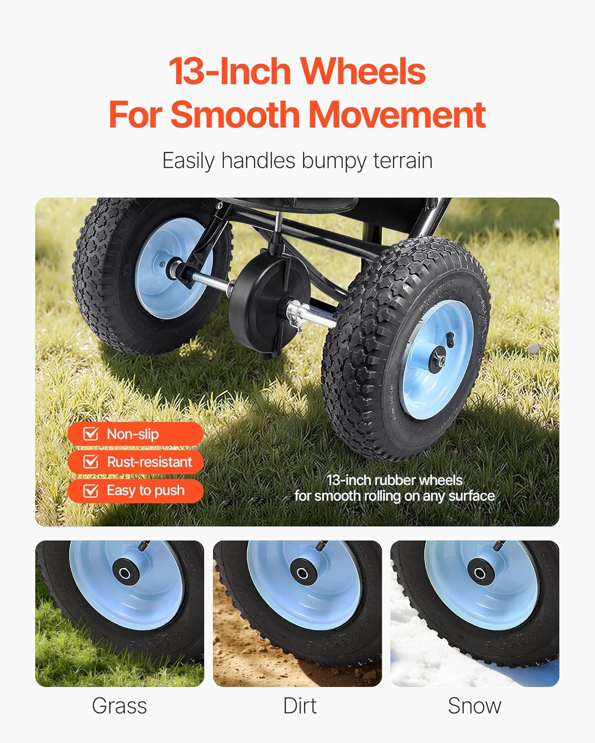 VEVOR Broadcast Spreader, 100LBS4Capacity, Walk-Behind Push Spreader, 0-9.8ft Spreading Width, 13 in All Terrain Pneumatic Tires, Lawn Spreaders with Hopper Grate, for Seed, Fertilizer, Salt, Ice Melt