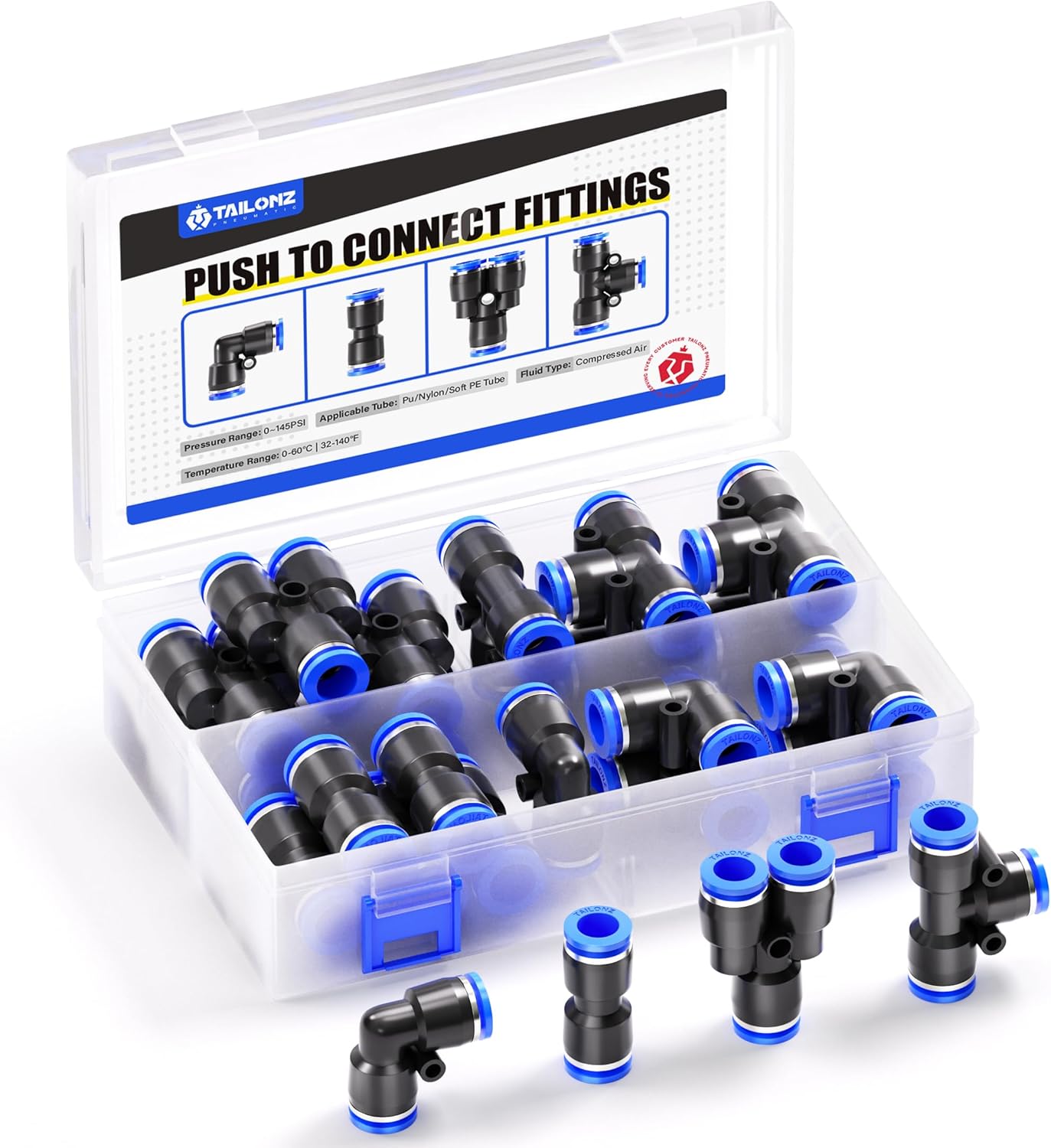 TAILONZ PNEUMATIC 3/8 inch od Push to Connect Fittings Pneumatic Fittings kit 5 Spliters+5 Elbows+5 tee+5 Straight (20 pcs)