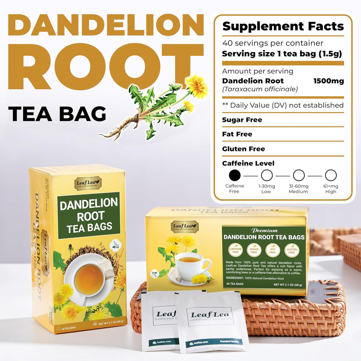 LeafLea Dandelion Root Tea Bags, 160 Dandelion Tea Bags Promotes Healthy Digestion & Immune Function, Herbal Tea from Pure Roasted Dandelion Root, Caffeine-Free, Vegan, Gluten-Free, No Sugar, 4 Pack