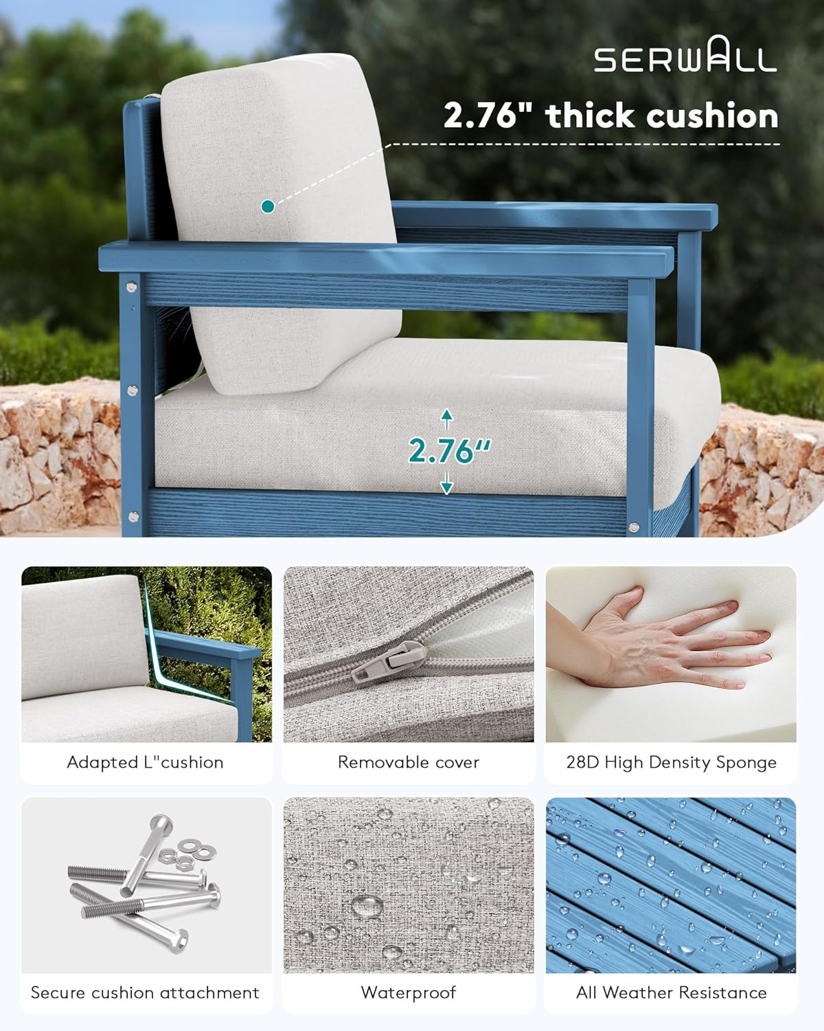 SERWALL 3 Pieces HDPE Outdoor Sofa Bistro Set with Cushion, Patio Outdoor Furniture Sofa Sets with Porch Chairs and Coffee Table, Blue Frame/Khaki Cushion