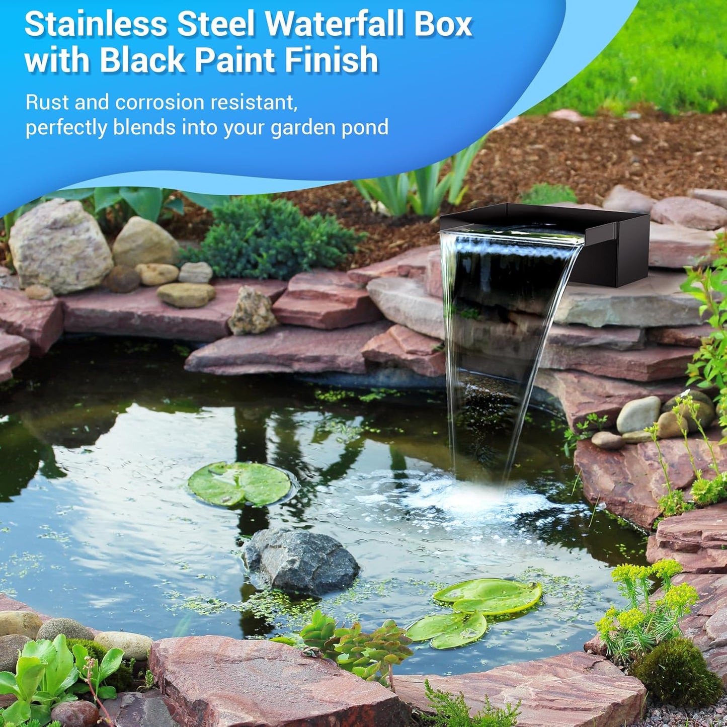 NFESOLAR Pond Waterfall Spillway Kit for Outdoor Pond up to 2000 Gallons, Includes 12.2" W Stainless Steel Pond Waterfall Box, 660GPH Ultra-Quiet Water Pump, 10FT Corrugated Tubing N4311