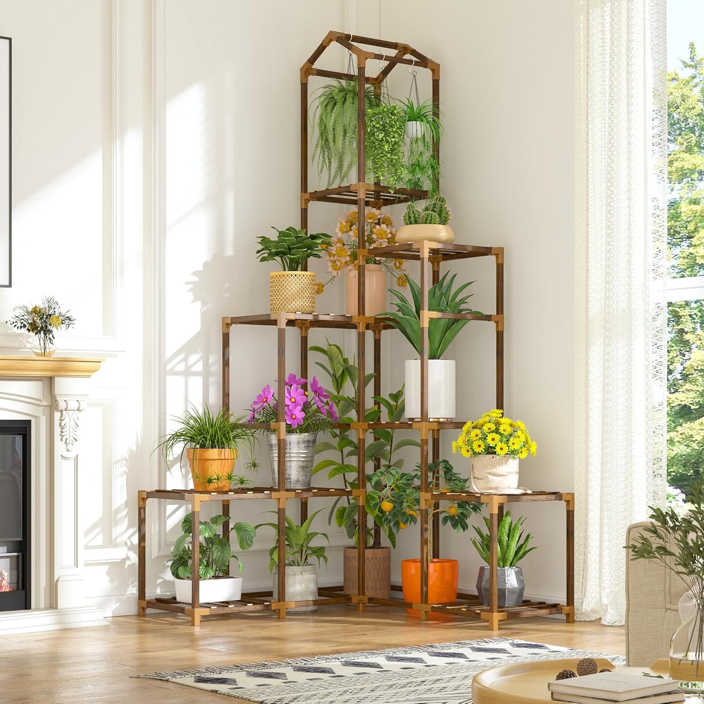 EnHomee 64.2" H Plant Stand Indoor Outdoor Tall Plant Shelf for 13-19 Pots Corner Tiered Plant Stands for Multiple Plants Wood Hanging Plants Holder for Garden Balcony Patio Window Porch